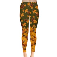 Dark Olive Fall Autumn Leafs With Pumpkins Leggings  by CoolDesigns