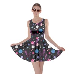 Dark Space Cat Colorful Space With Cats Saturn And Stars Skater Dress by CoolDesigns