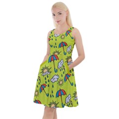Weather Science Pattern Rain Green Yellow Knee Length Skater Dress With Pockets