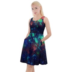 Green Dark Space Dark Blue Sky The Moon And Stars Knee Length Skater Dress With Pockets by CoolDesigns