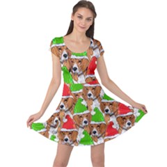 Brown Cute Xmas Dogs Print Double Sided Cap Sleeve Dress
