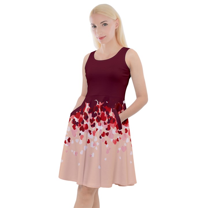 Fall Heart Shapes Red & Pink Knee Length Skater Dress With Pockets