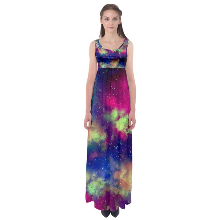 Colorful Space Black A Fun Night Sky the Moon and Stars Empire Waist Maxi Dress