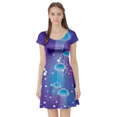 Jellyfish Purple Ocean Bubbles Stretch Short Sleeve Skater Dress