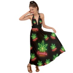 Cannabis Black & Neon Green Marijuana Leaves Backless Maxi Beach Dress by CoolDesigns
