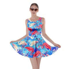 Blue Leaves Aqua Flamingo Bird Pattern Skater Dress by CoolDesigns