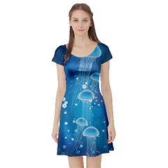Jellyfish Steel Blue Ocean Bubbles Stretch Short Sleeve Skater Dress