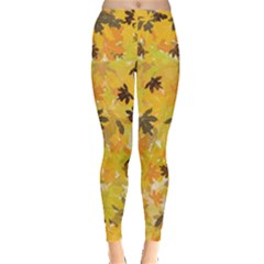 Yellow Leaves Brown Pattern Fallen Autumn Warm Shades Leaves Leggings by CoolDesigns