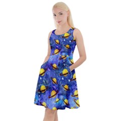 Milky Way Slate Blue Galaxy Knee Length Skater Dress With Pockets by CoolDesigns