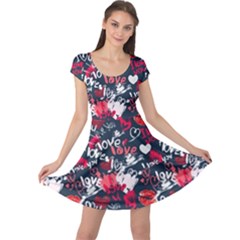 Navy Love Doodle Red Happy Valentines Pattern Cap Sleeve Dress by CoolDesigns