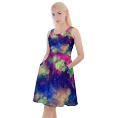 Colorful Space Fun Night Sky The Moon Stars Knee Length Skater Dress With Pockets by CoolDesigns