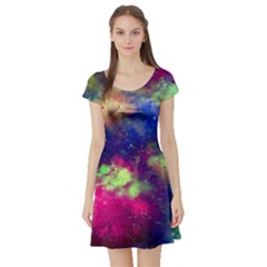 Colorful Space Black A Fun Night Sky The Moon And Stars Short Sleeve Skater Dress by CoolDesigns