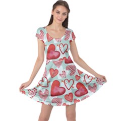Light Mint Hearts Red Happy Valentines Pattern Cap Sleeve Dress by CoolDesigns