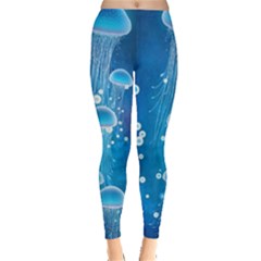 Jellyfish Steel Blue Ocean Bubbles Stretch Leggings by CoolDesigns