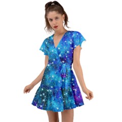 Constellation Dodger Blue Space Astronomy Galaxy Flutter Sleeve Wrap Dress by CoolDesigns