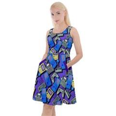 Purple Game Pattern Pixelated Cartoon Knee Length Skater Dress With Pockets by CoolDesigns