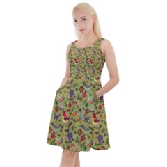 Dark Khaki Pattern Plants Insects Knee Length Skater Dress With Pockets by CoolDesigns