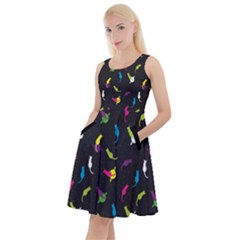 Black Space Cats Saturn And Stars Knee Length Skater Dress With Pockets by CoolDesigns