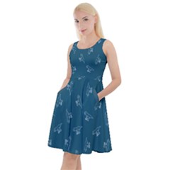 Teal Tyrannosaurus Dinosaur Doodle Knee Length Skater Dress With Pockets  by CoolDesigns