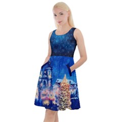 Navy Xmas City Lights Snow Knee Length Skater Dress With Pockets by CoolDesigns