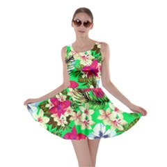 Neon Green Summer Red Pattern With Hibiscus Flowers On Red  Skater Dress