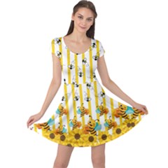 Sunflowers Yellow Stripes Bee Honeycombs Cap Sleeve Dress by CoolDesigns