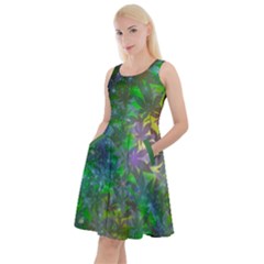 Space Green Stars Marijuana Leaf Pattern Knee Length Skater Dress With Pockets by CoolDesigns