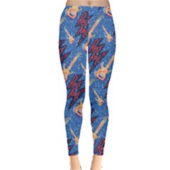 Rock & Roll Blue Black Pattern With Music Notes Treble Clef Women s Leggings