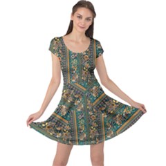 Floral Patchwork Cadet Blue Autumn Leaves Cap Sleeve Dress by CoolDesigns
