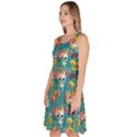 Teal Skull and Flowers Pattern Knee Length Skater Dress With Pockets View2