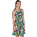 Teal Skull and Flowers Pattern Knee Length Skater Dress With Pockets View3