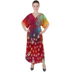 Marijuana Aztec Colorful Red Marijuana Leaves V-neck Boho Style Maxi Dress by CoolDesigns