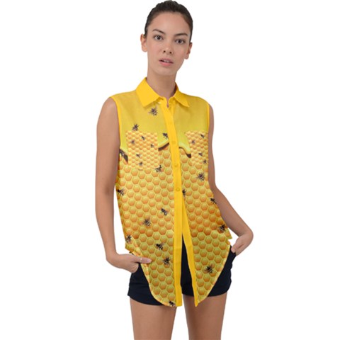 Bee Honeycombs Yellow Honey Insect Sleeveless Chiffon Button Shirt by CoolDesigns