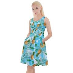 Pineapple Aqua Blue Palm Leaf Knee Length Skater Dress With Pockets by CoolDesigns