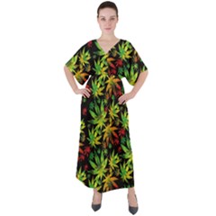 Marijuana Big Green Marijuana Badges Black V-neck Boho Style Maxi Dress by CoolDesigns
