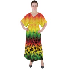 Marijuana Zigzag Yellow Marijuana Badges With Marijuana Leaves V-neck Boho Style Maxi Dress by CoolDesigns