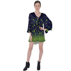 Falling Marijuana Green Cannabis Leaves V-neck Flare Sleeve Mini Dress by CoolDesigns