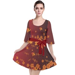 Brown Red Dragonflies Autmn Leaves Velour Kimono Dress by CoolDesigns