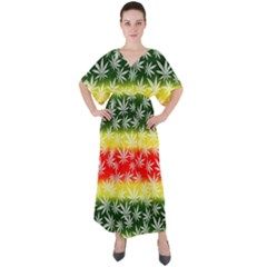 Cannabis Original Green Marijuana Leaves Yellow V-neck Boho Style Maxi Dress by CoolDesigns