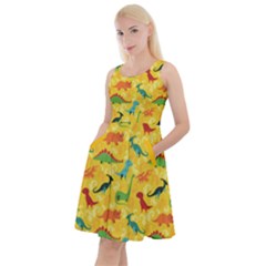 Yellow Cartoon Dinosaur Pattern Knee Length Skater Dress With Pockets by CoolDesigns