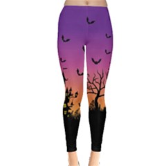 Bats Purple Orange Witches House Design Leggings  by CoolDesigns