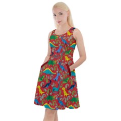 Red Dinosaurs Knee Length Skater Dress With Pockets by CoolDesigns