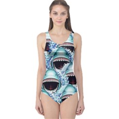 Fierce Light Blue Sharks Face Pattern Piece Swimsuit by CoolDesigns