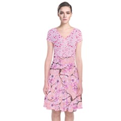 Blossom Japanese Style Pink Short Sleeve Front Wrap Dress by CoolDesigns