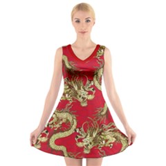 Classic Dragon Crimson Japanese Pattern V-neck Sleeveless Dress by CoolDesigns