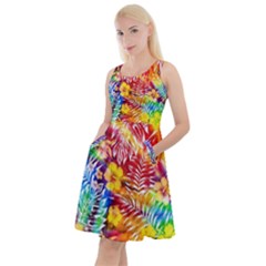 Colorful Tropical Hawaii Flowers Tie Dye Knee Length Skater Dress With Pockets