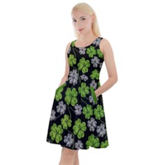 Black Gray Clover Shamrock Handraw Knee Length Skater Dress With Pockets by CoolDesigns