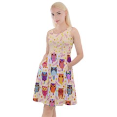 Leafs Moccasin Owls Pattern Knee Length Skater Dress With Pockets by CoolDesigns