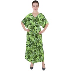 Cannabis Light Green Marijuana Badges With Marijuana Leaves V-neck Boho Style Maxi Dress by CoolDesigns