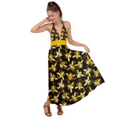 Honeybees Black Flower Floral Print Backless Maxi Beach Dress by CoolDesigns